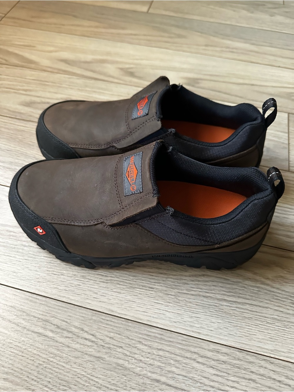 Merrell Brown and Black Slip-On Loafers with Orange Insole